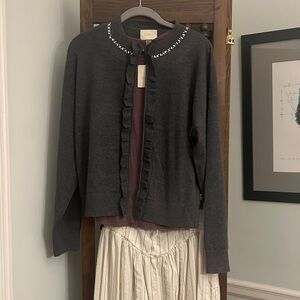 Gray Sweater with Embellished Collar Ruffle Open Front Top Closure Cupio Size L